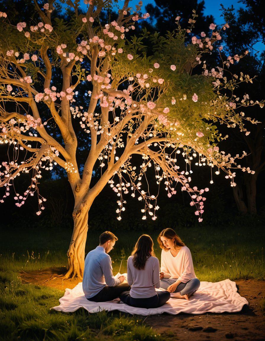 A couple sitting together in a serene natural setting, surrounded by soft glowing lights symbolizing emotional connections; one person is journaling while the other listens attentively, reflecting self-discovery. Include elements symbolizing growth like blooming flowers and a heart-shaped tree in the background. The colors should be warm and inviting, with a dreamy atmosphere. pastel colors. painting.