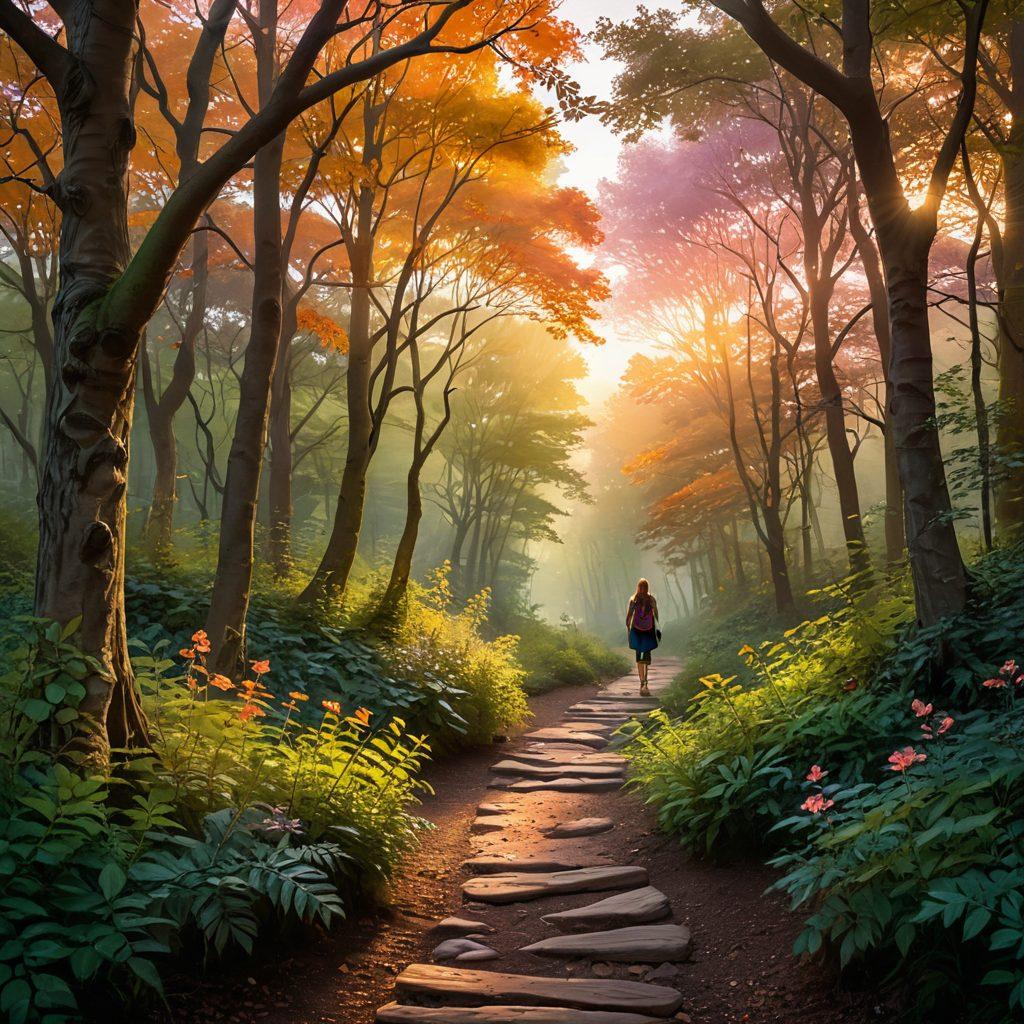 A serene winding path through a vibrant forest, symbolizing the journey of self-discovery, with delicate heart-shaped leaves fluttering down. On one side of the path, a figure stands in contemplation, surrounded by glowing orbs of wisdom and love. The sky is painted with warm sunset hues, indicating hope and transformation. ethereal. vibrant colors. super-realistic.