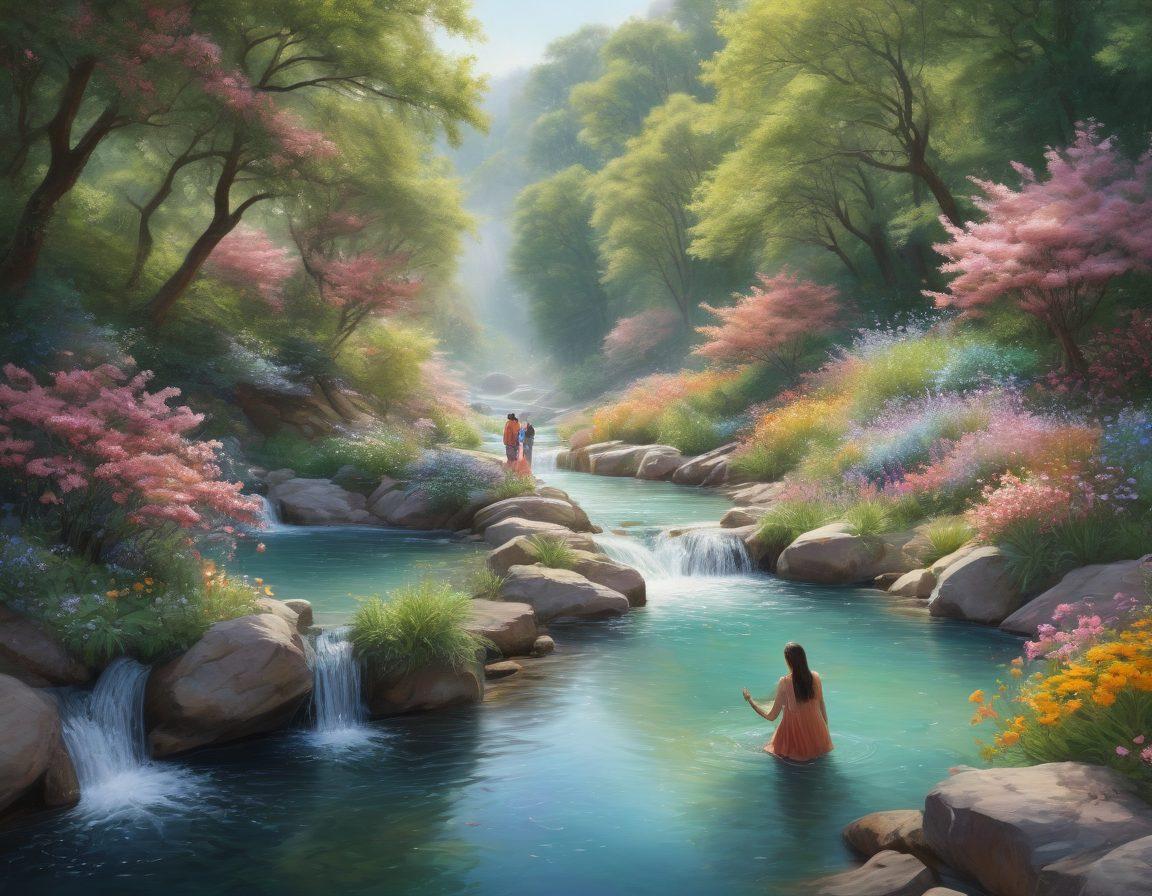 A serene landscape depicting a diverse group of people engaging in meaningful conversations and sharing experiences, surrounded by elements of nature symbolizing growth like blooming flowers and flowing water. The scene radiates warmth and positivity, showcasing gestures of support and connection among individuals of different backgrounds. Include soft pastel colors for a calming effect. super-realistic. vibrant colors.